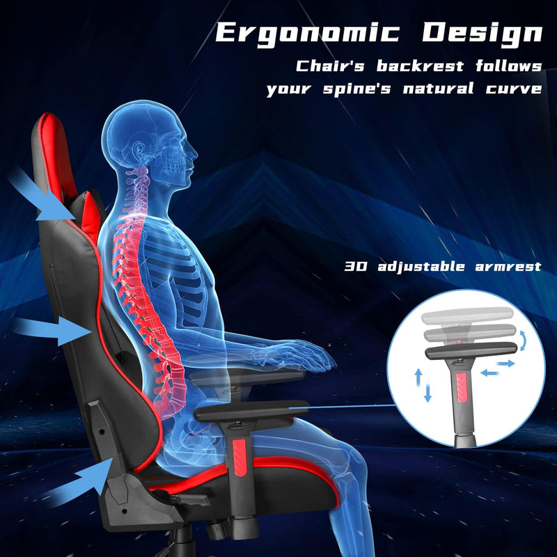 Ergonomic High Back Gaming Chair 400Lbs, Office Chair Computer Chair with Headrest Lumbar Support, Video Gaming Chair for Teens with Adjustable Armrest（Red） - Puck's
