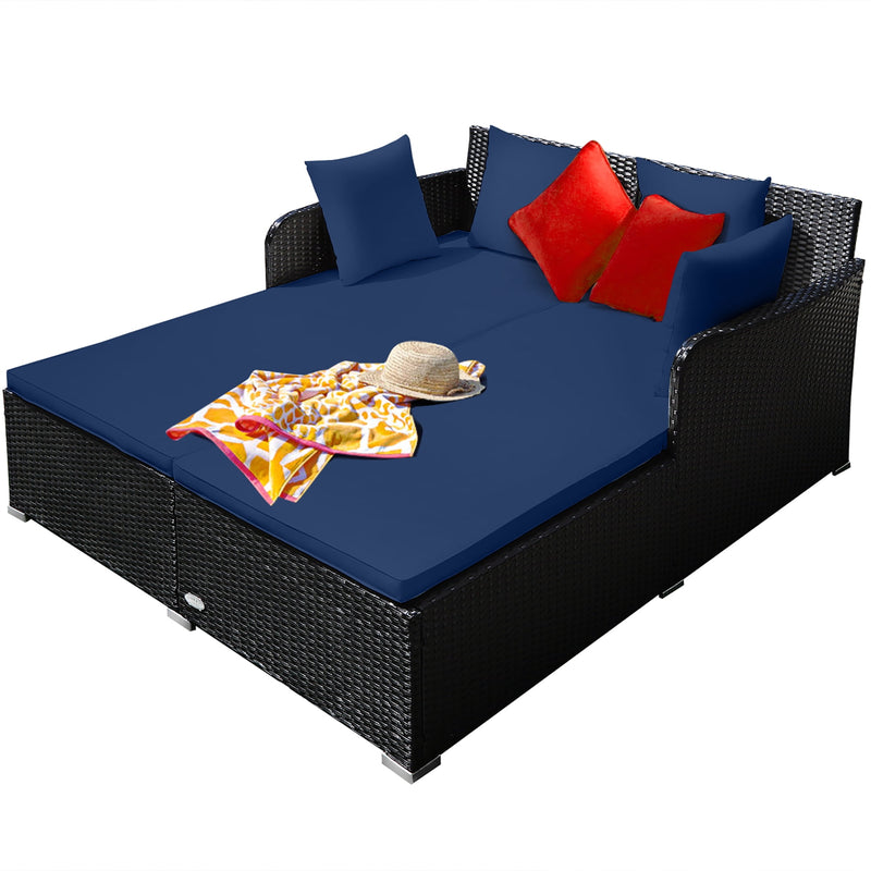 Outdoor Patio Rattan Daybed Pillows Cushioned Sofa Furniture Navy - Puck's