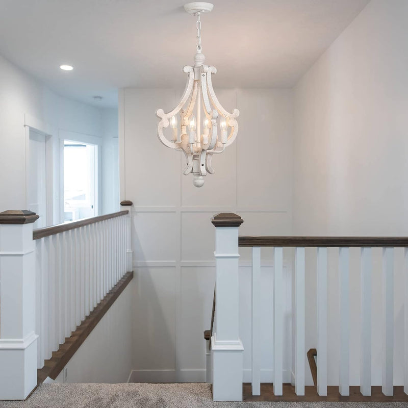 Farmhouse Rustic Wood Light Fixture Distressed White Dining Room Pendant Chandelier French Country 4 Light Candle Hanging Lamp for Kitchen Island Living Room Bedroom Entryway Foyer - Puck's