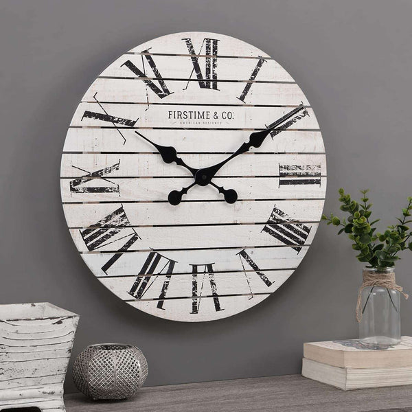 White Farmhouse Shiplap Wall Clock, Large Vintage Decor for Living Room, Home Office, Round, Wood, Boho, 18 Inches - Puck's