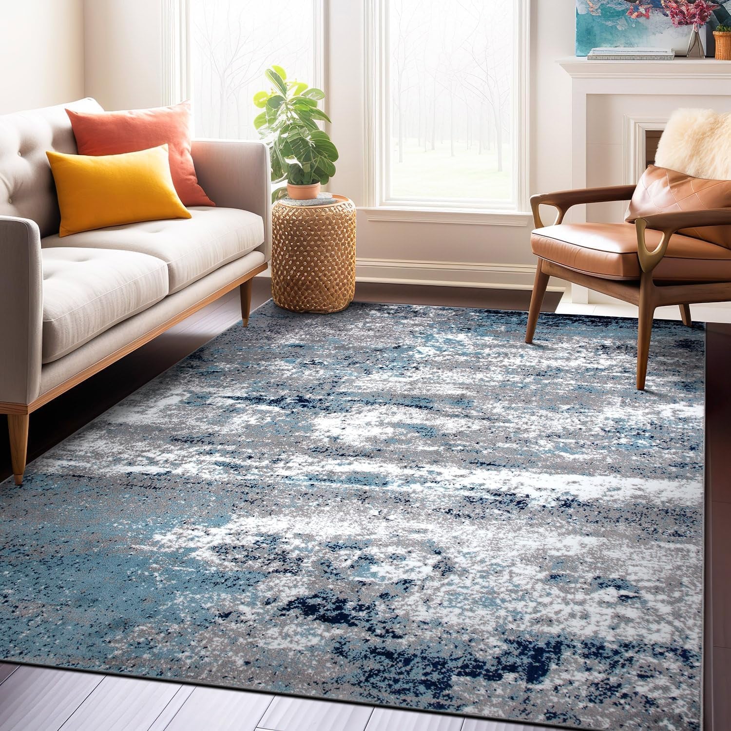 Distressed Abstract Watercolor Area Rug 5' X 7' Blue - Puck's