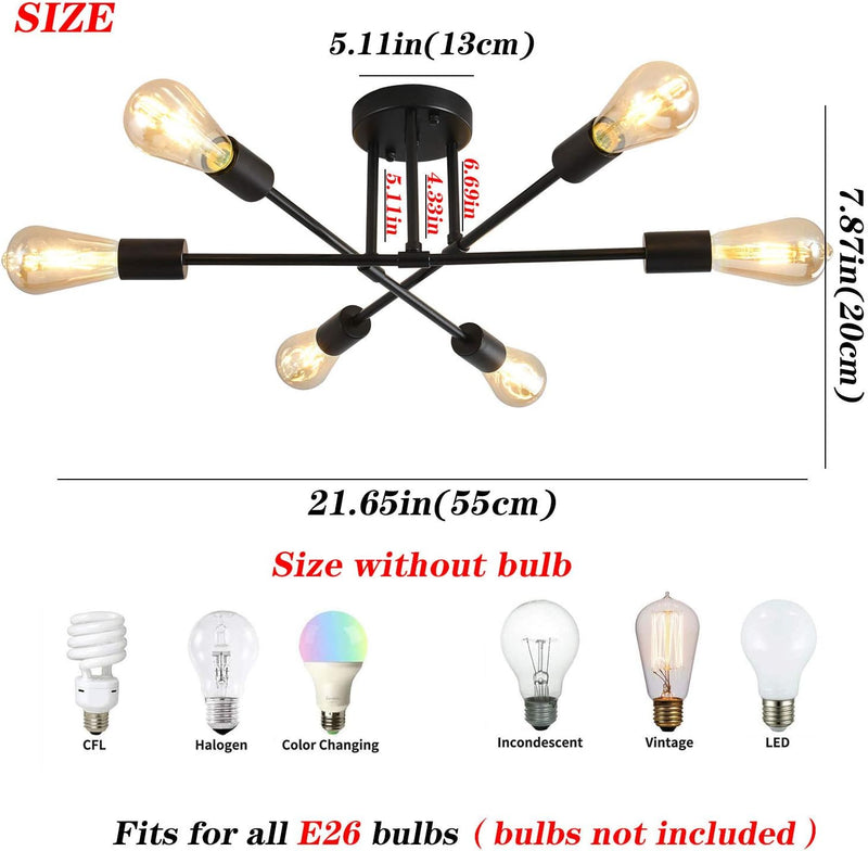 Mid Century Ceiling Light Fixture,Adjustable 6-Light Sputnik Chandelier,Semi-Flush Mount Pendant Lighting,Industrial Vintage Lighting Fixtures Plating Finish for Kitchen Dining Room Bedroom Foyer… - Puck's