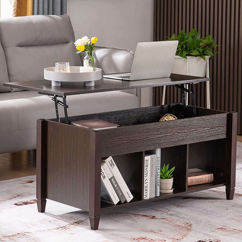 Lift Top Coffee Table, Coffee Table Converst to Dining Table Lift up Coffee Table Espresso Coffee Table Walnut Coffee Table, Coffee Table Lift Top with Hidden Compartment/3 Open Shelves - Puck's