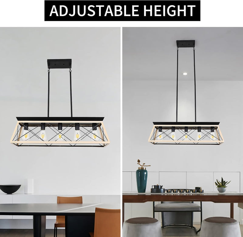 5-Light Kitchen Island Pendant Lighting, 31.5 Inch Farmhouse Chandelier,Rustic Linear Lighting Fixtures Ceiling, Dining Room Light Fixtures with White & Wood Painting - Puck's