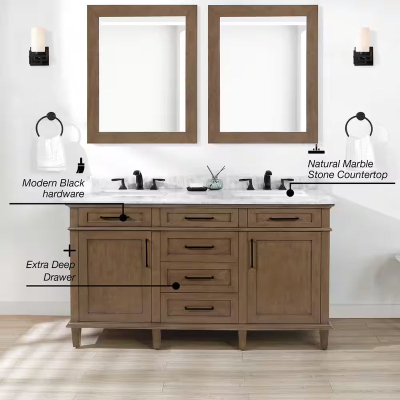 Sonoma 60 In. Dubbele Wastafel Almond Latte Badmeubel met Carrara Marmeren Bovenblad (Gemonteerd) - Puck's