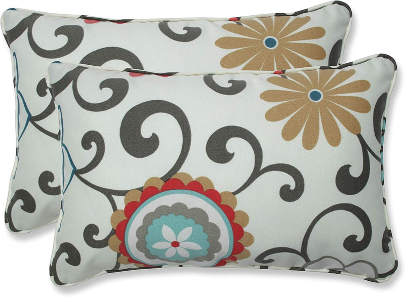 Floral Indoor/Outdoor Accent Throw Pillow Plush Fill, Weather, and Fade Resistant, Lumbar - 11.5" X 18.5", Blue/Brown Pom Pom Play 2 Count - Puck's