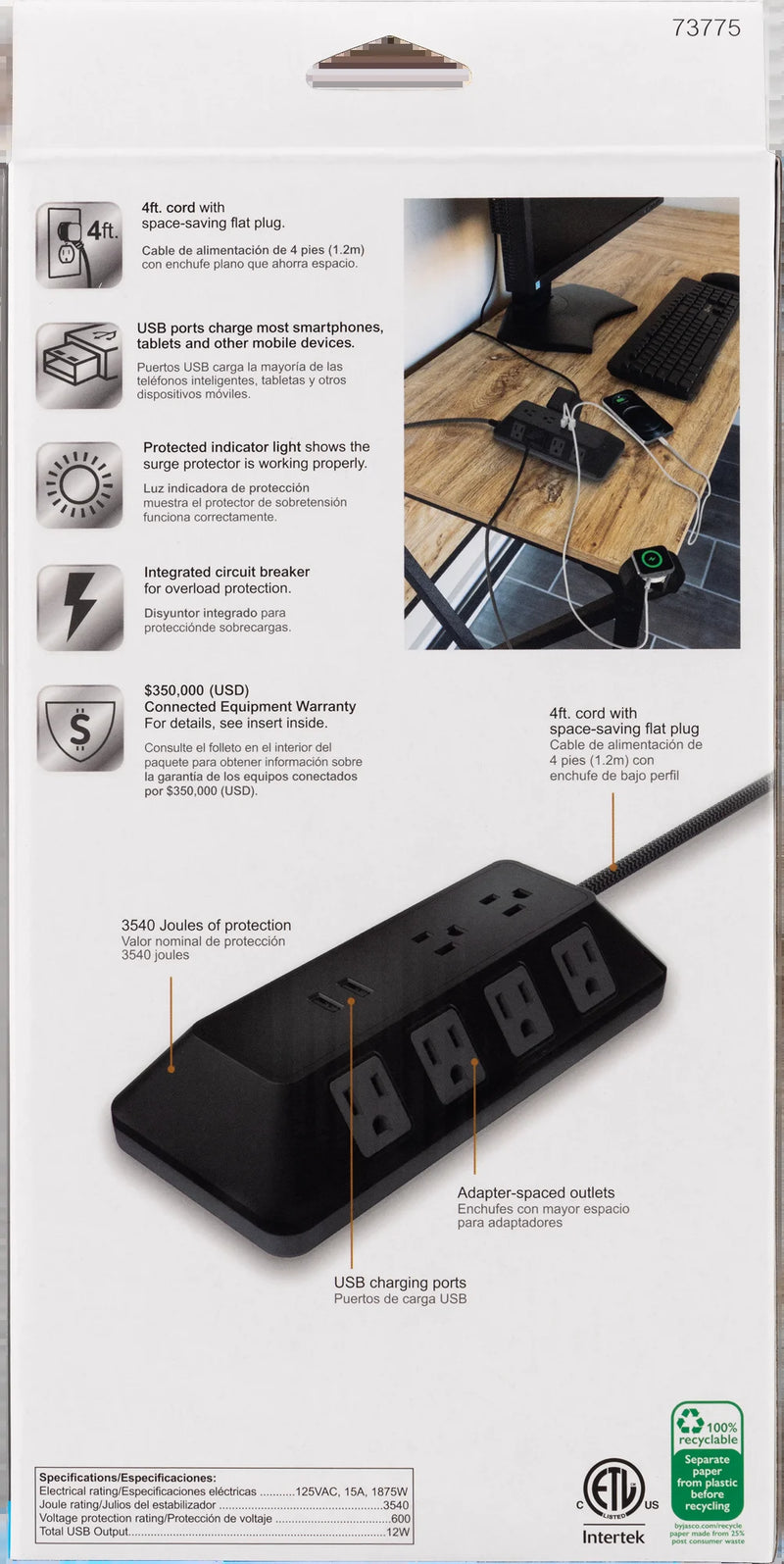Adapt 10-Outlet Sur Protector Power Strip, USB Hub, 4Ft Braided Cord, Black
