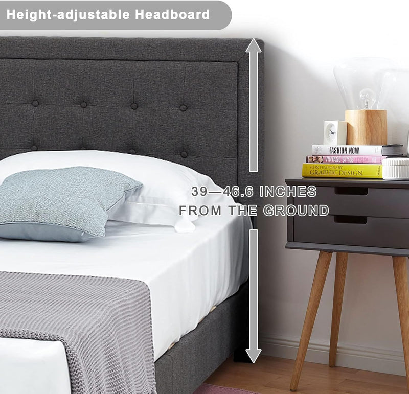 Queen Bed Frame, Upholstered Bed Frame with Adjustable Headboard, Button Tufted Platform Bed Frame / Mattress Foundation Noise Free / Wood Slat Support / No Box Spring Needed / Easy Assembly,Dark Grey - Puck's