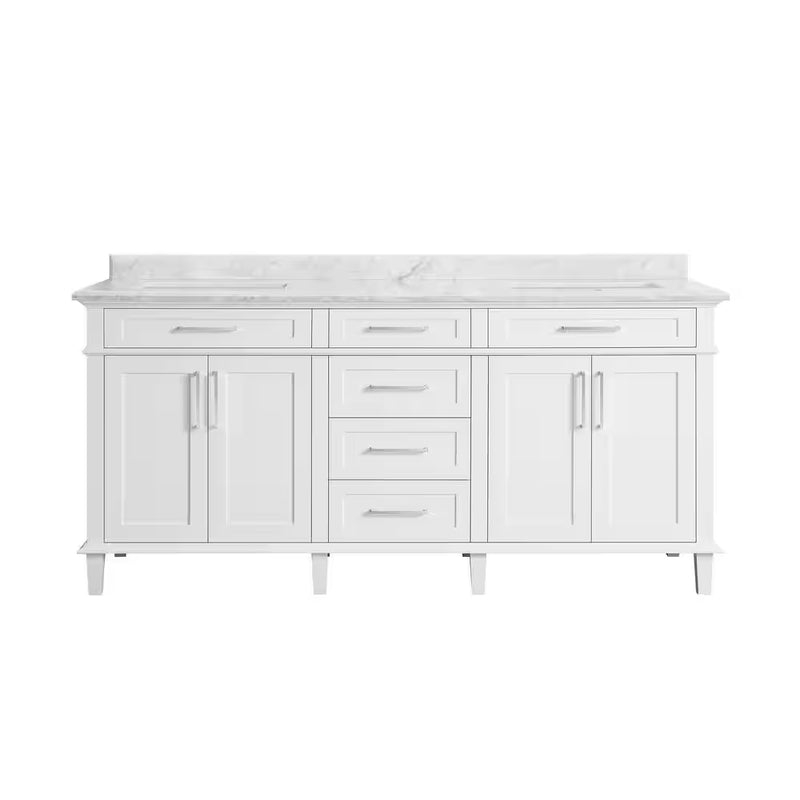 Sonoma 72 In. Double Sink White Bath Vanity with Carrara Marble Top (Assembled) - Puck's