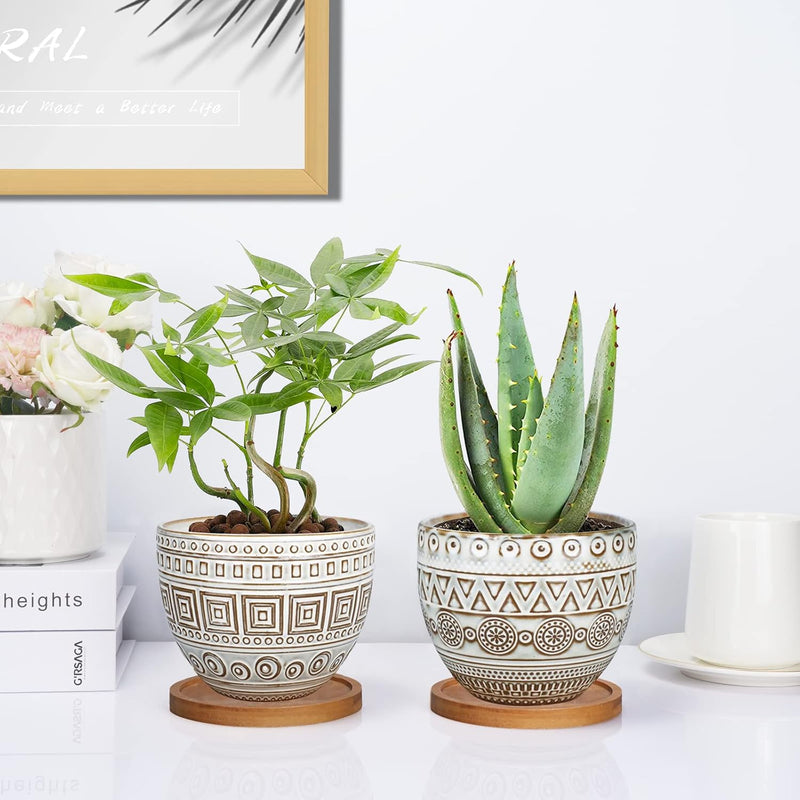 5.5In Geometry Ceramic Planter Large round Succulent Planter Flower Pot Indoor and Outdoor Brown Set of 2 - Puck's