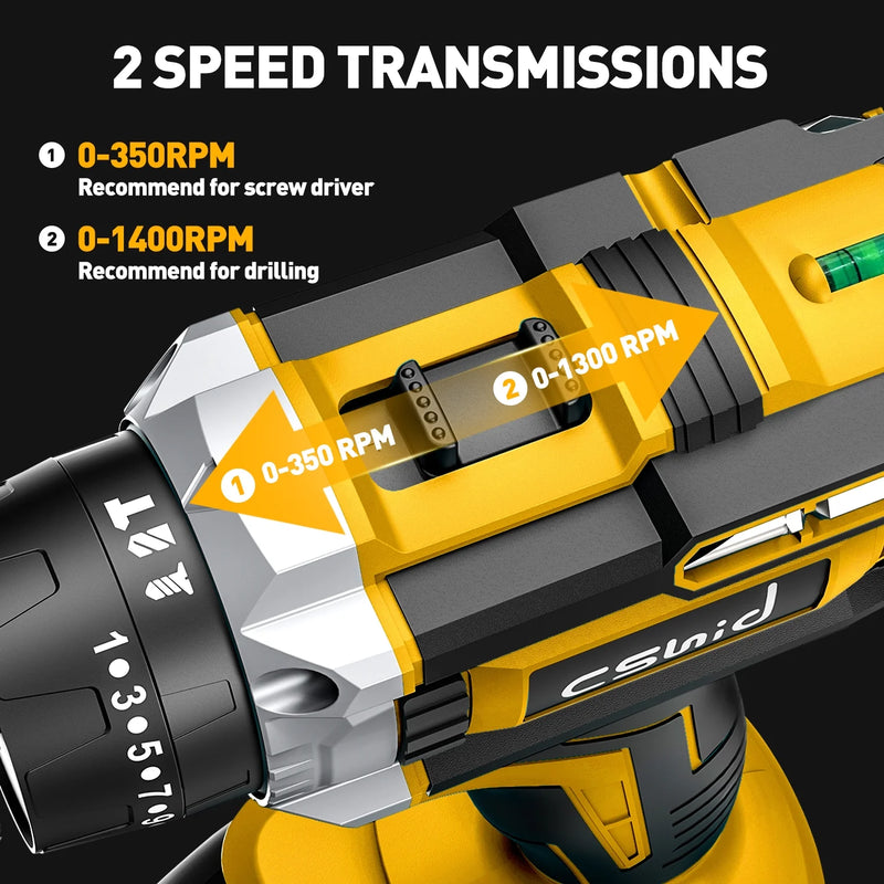 20V Cordless Power Drill Set, Drill Kit with 1 Lithium-Ion & Charger, 3/8" Keyless Chuck, Electric Drill W/ 2 Variable Speed & LED Light, 25+1 Position and 34Pcs Drill/Driver Bits(Yellow) - Puck's