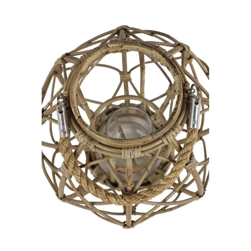 15"H Rustic Farmhouse Brown Woven Rattan Candle Lantern with Jute Rope Handle - Puck's