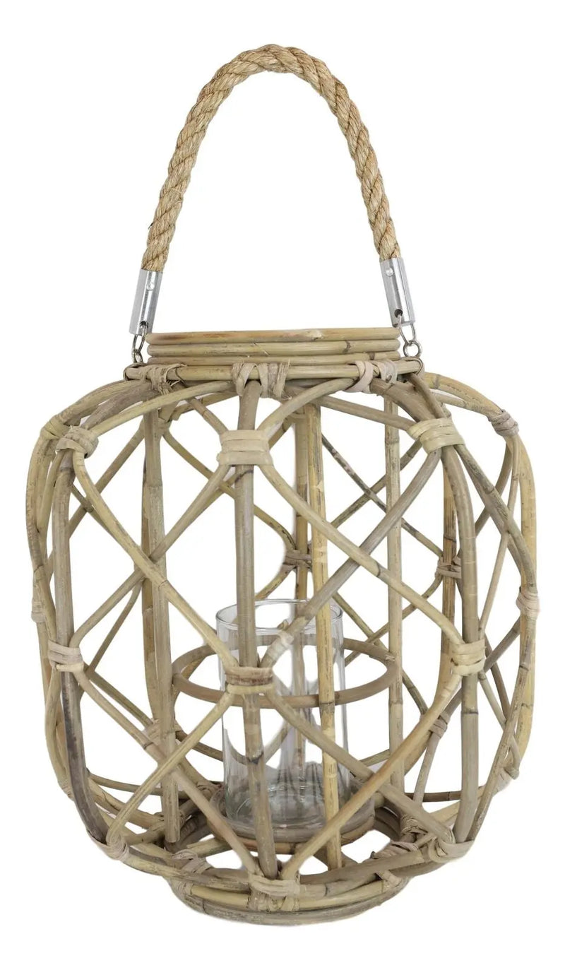 15"H Rustic Farmhouse Brown Woven Rattan Candle Lantern with Jute Rope Handle - Puck's