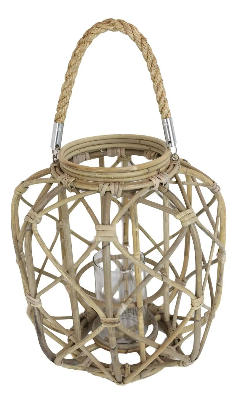 15"H Rustic Farmhouse Brown Woven Rattan Candle Lantern with Jute Rope Handle - Puck's