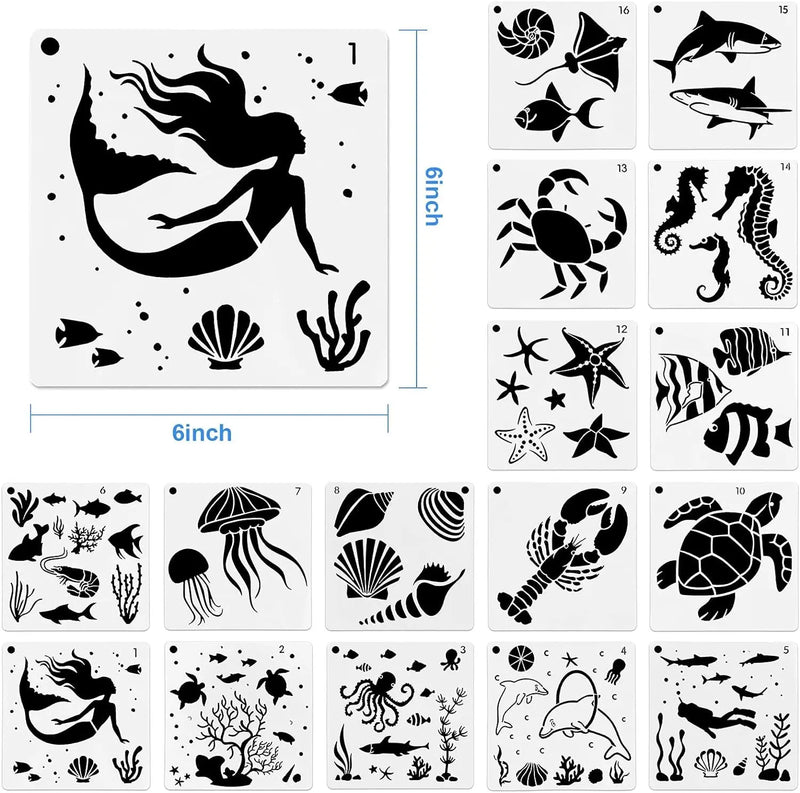 16 Pack (6X6Inch) Reusable Ocean Creatures Stencil Sea Animal Painting Stencils Laser Cut Painting Template for Floor Wall Tile Fabric Furniture Stencils Painting - Puck's