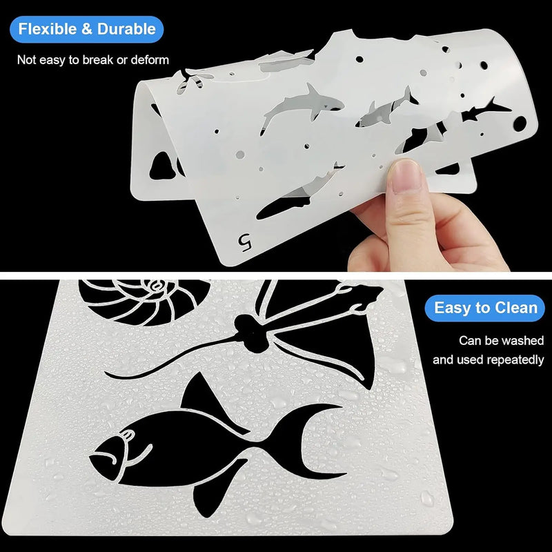 16 Pack (6X6Inch) Reusable Ocean Creatures Stencil Sea Animal Painting Stencils Laser Cut Painting Template for Floor Wall Tile Fabric Furniture Stencils Painting - Puck's