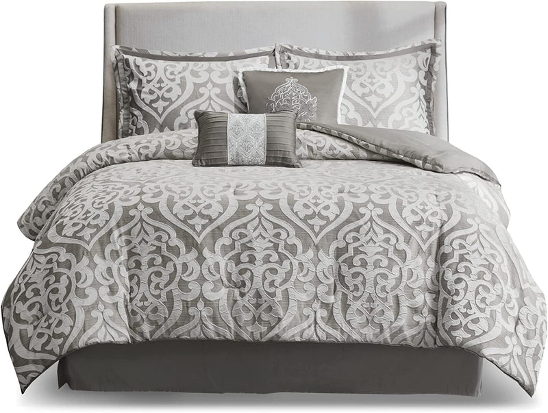Tesla Cozy Comforter Set Jacquard Damask Medallion Design - All Season down Alternative Bedding, Shams, Bedskirt, Decorative Pillows, Queen, Silver 6 Piece - Puck's