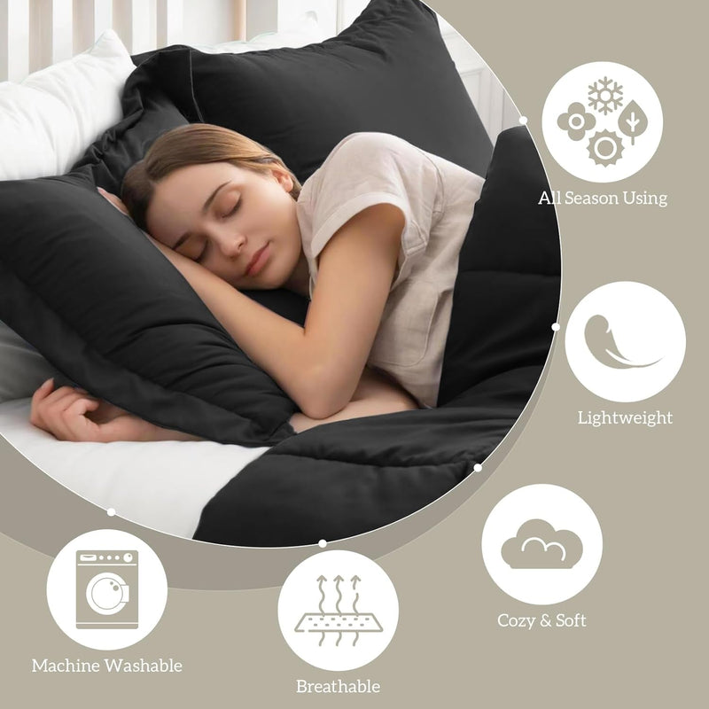 King Size Comforter Set Black, Lightweight Reversible Comforter Sets King Size Bed, Soft down Alternative King Bedding Sets All Season 3 Pcs Bed Set with 2 Shams Black/Light Grey - Puck's