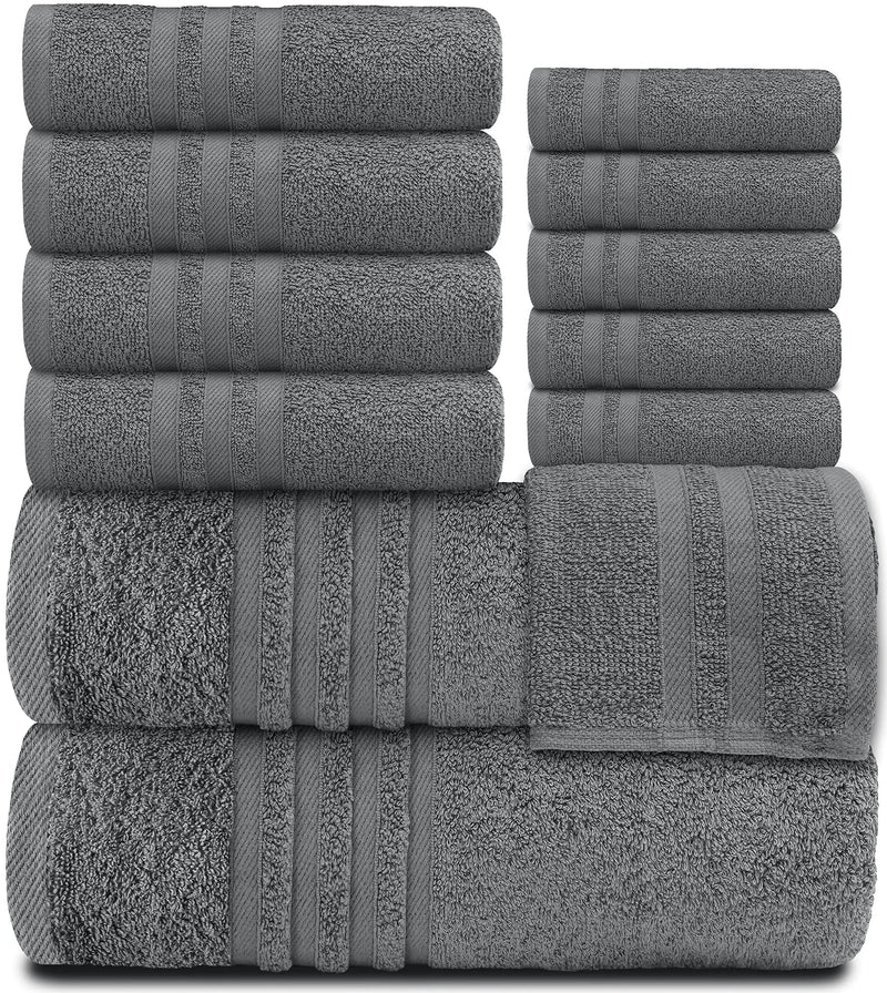 12 Pcs Set Bath Hand Towels 100% Cotton Soft  Plush Highly Absorbent Quick Gray - Puck's