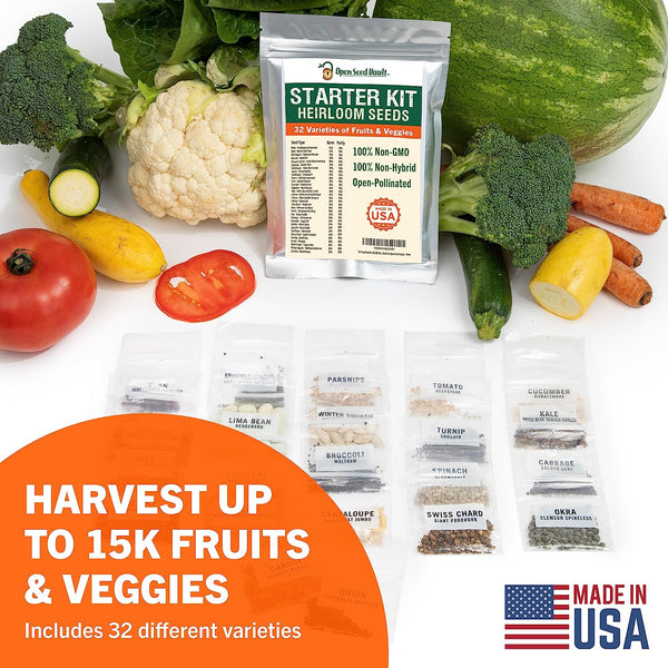 15,000 Non GMO Heirloom Vegetable Seeds for Planting Vegetables and Fruits - 32 Variety Pack of Vegetable Seeds for Gardening, Survival Gear, Seed Vault Emergency Supplies Kit - Puck's