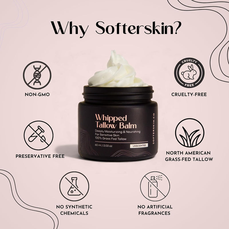 Beef Tallow for Skin (Unscented 2 Oz) - Whipped Tallow Balm for Face and Body - Natural Moisturizer for Sensitive Dry Skin - Handmade Body Butter - 100% Grass-Fed - Gentle Skincare Cream - Belly Butter Lotion - Puck's