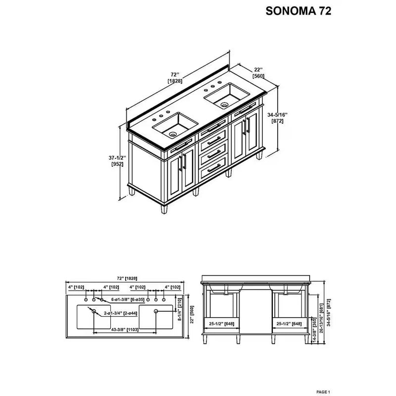 Sonoma 72 In. Double Sink Almond Latte Bath Vanity with Carrara Marble Top (Assembled) - Puck's