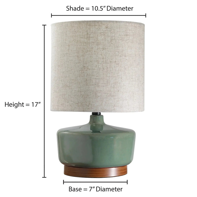 17" Tall Modern Mid-Century Ceramic Table Lamp with Wood Base - Puck's