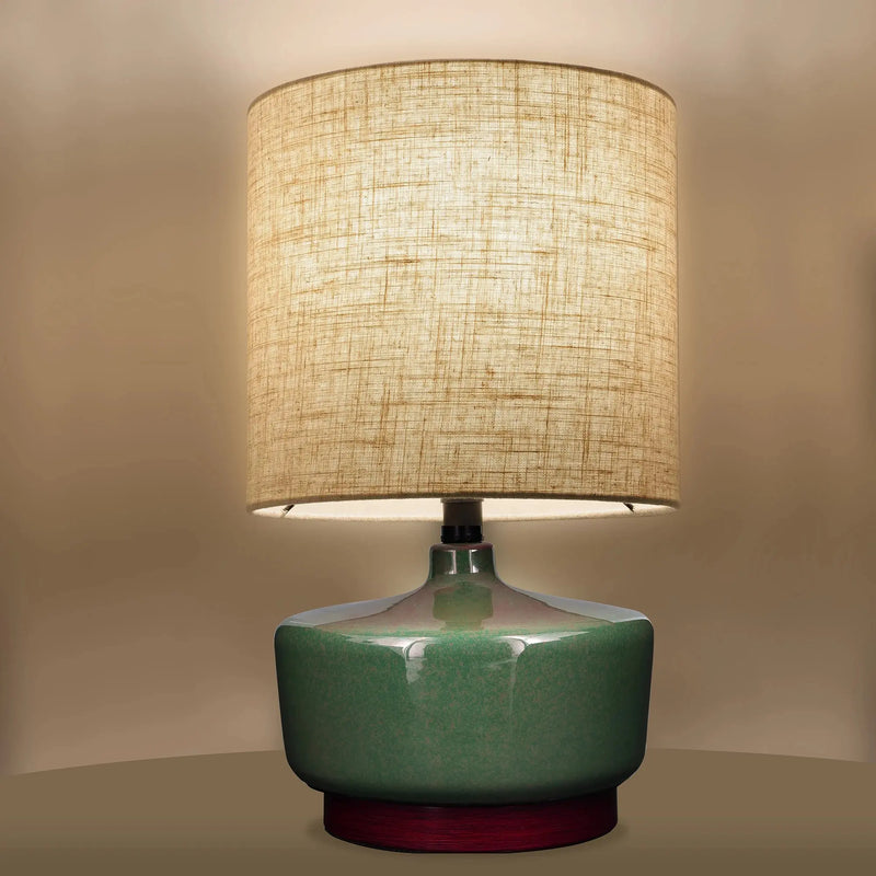 17" Tall Modern Mid-Century Ceramic Table Lamp with Wood Base - Puck's