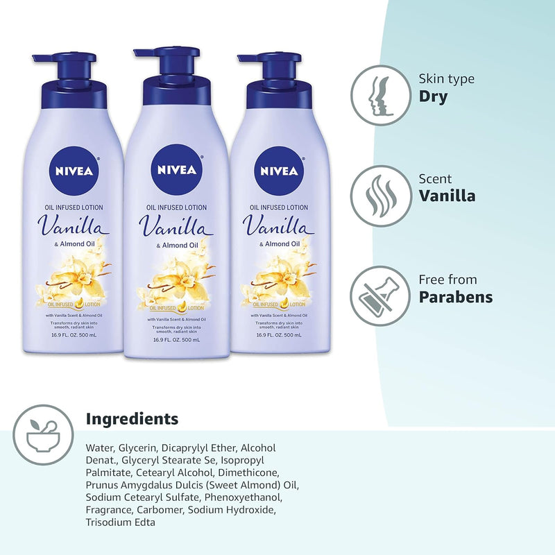 Vanilla and Almond Oil Infused Body Lotion, 50.7 Fl Oz, Pack of 3 - Puck's