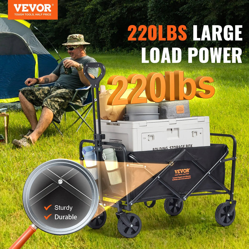 VEVOR Collapsible Folding Wagon, 2 Cu.Ft Beach Wagon Cart with All-Terrain 5In Wheels, Heavy Duty Folding Wagon Cart 220 Lbs Weight Capacity with Drink Holders, Sports Wagon for Camping, Shopping, Gar - Puck's