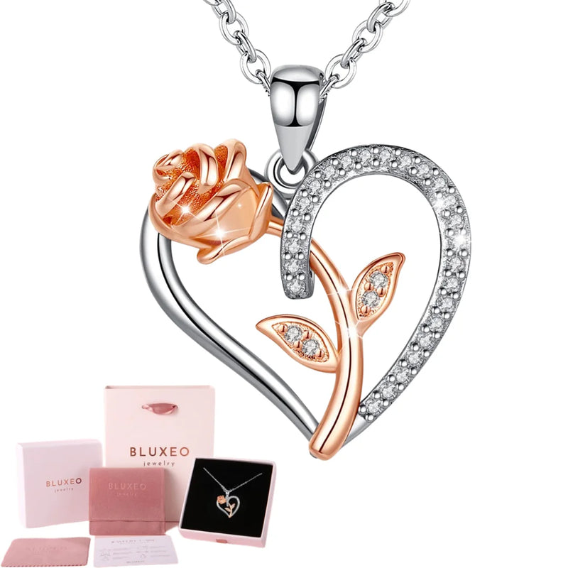 Sterling Silver Necklace for Woman Gift for Wife from Husband Valentines Day Gift for Women Rose Heart Necklace for Girlfriend Birthday Gifts Mother Daughter Pendant Rhodium 18K Rose Gold - Puck's