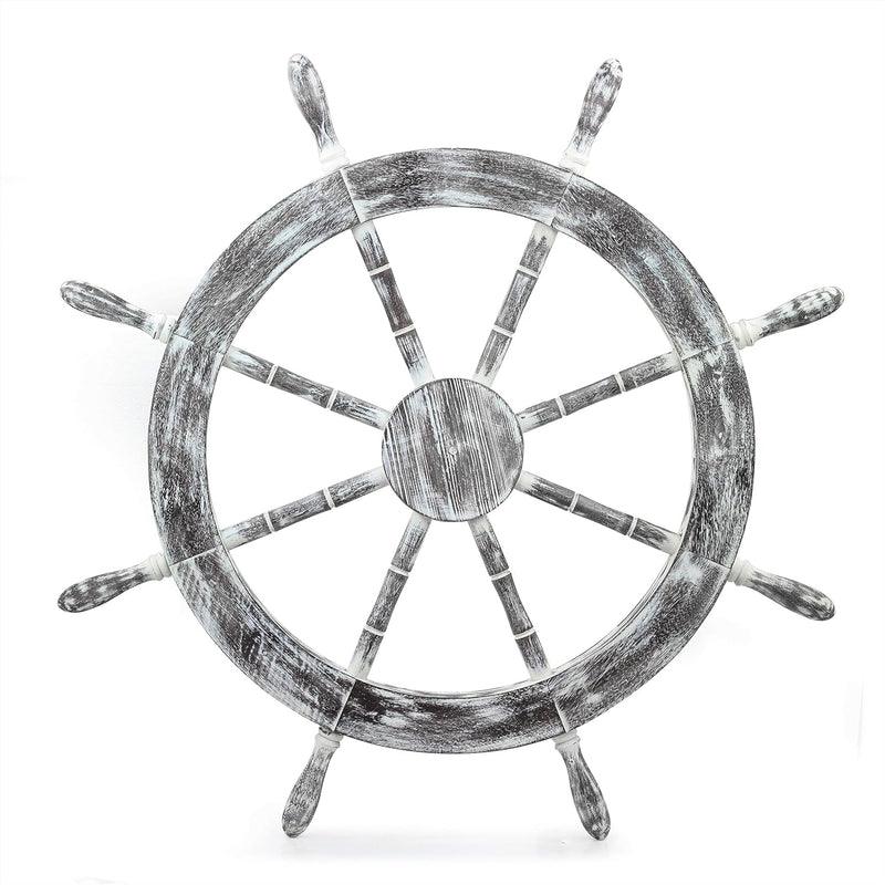 30" Antique White Nautical Decorative Premium Pine Wood Ship Wheel | Captain Maritime Beach Home Decor Gift - Puck's