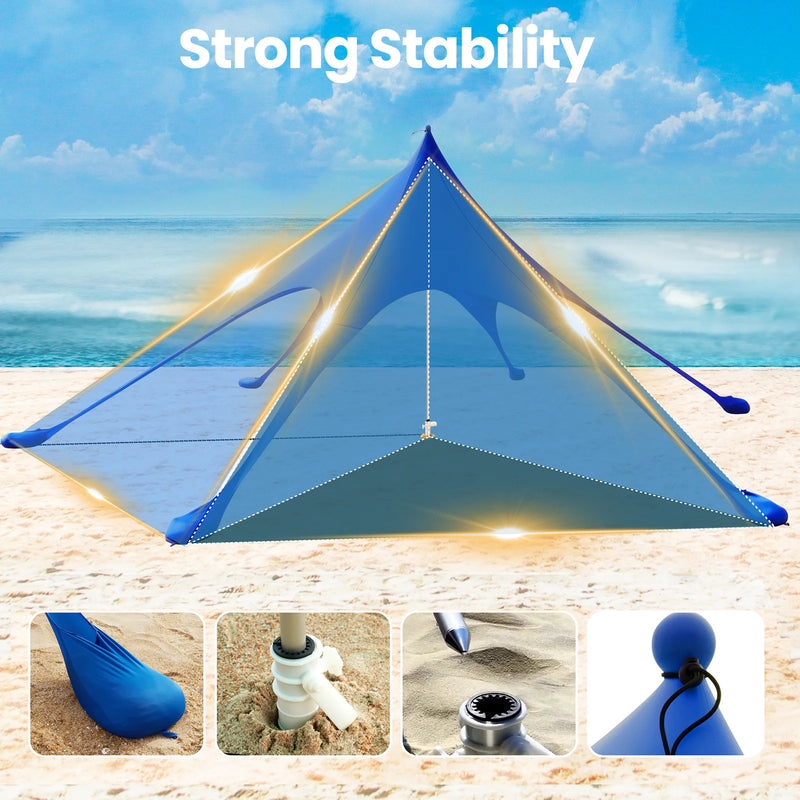 Beach Canopy Tent Sun Shade,  12X12 FT Beach Tent Sun Shelter UPF 50+ UV Protection with Sandbags , 1 Stability Poles and Ground Pegs and Anti-Wind Ropes,Blue