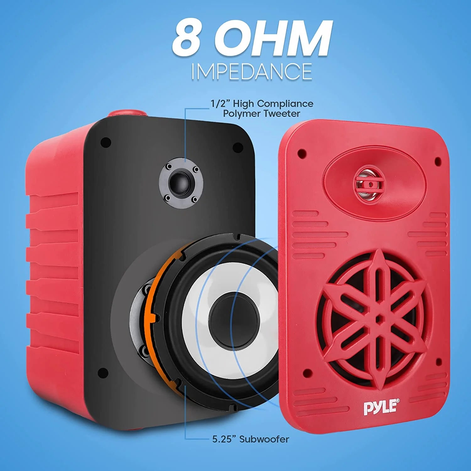 Indoor Outdoor Speakers - 500 Watt Dual Waterproof 5.25" 2-Way Full Range Speaker System, Red - Puck's