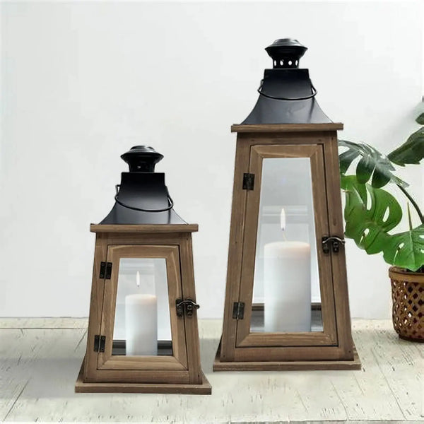 19" Decorative Rustic Wood Metal Pillar Candle Holder Lantern, Large - Puck's