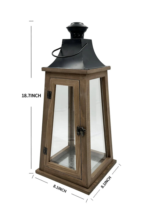 19" Decorative Rustic Wood Metal Pillar Candle Holder Lantern, Large - Puck's