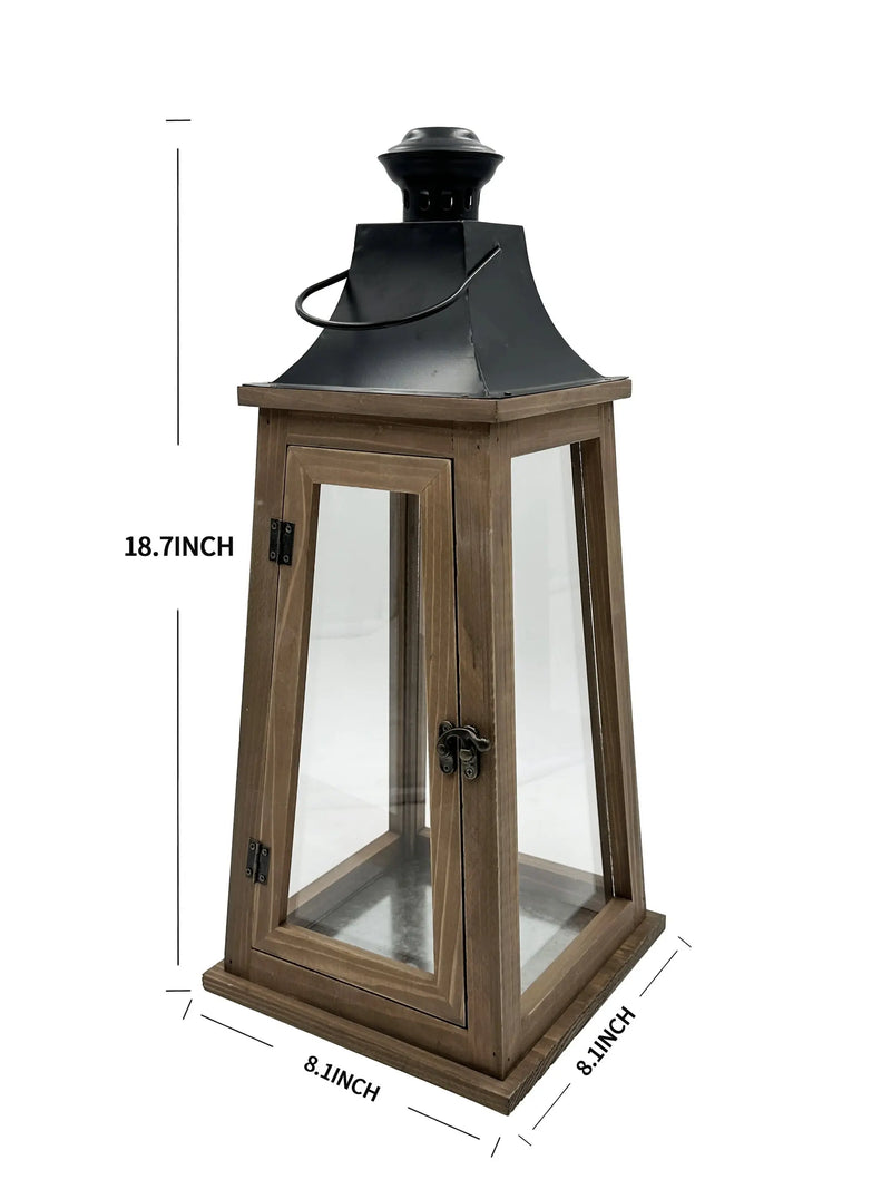 19" Decorative Rustic Wood Metal Pillar Candle Holder Lantern, Large - Puck's