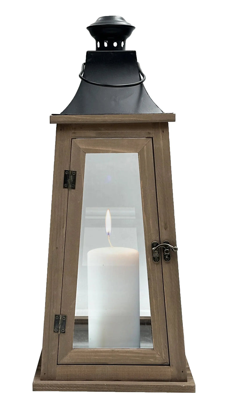 19" Decorative Rustic Wood Metal Pillar Candle Holder Lantern, Large - Puck's