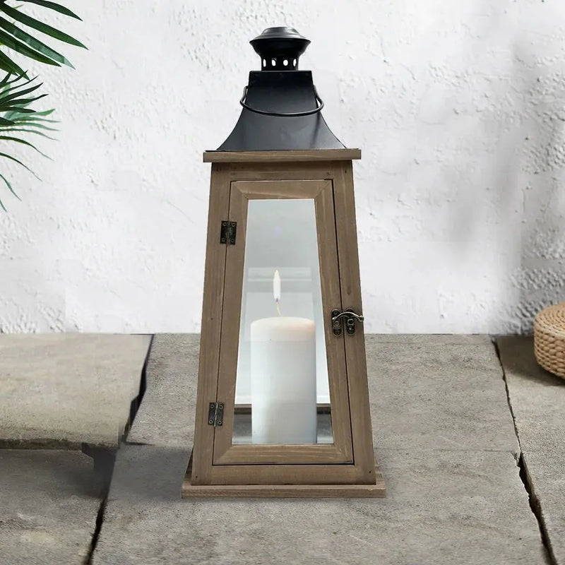 19" Decorative Rustic Wood Metal Pillar Candle Holder Lantern, Large - Puck's