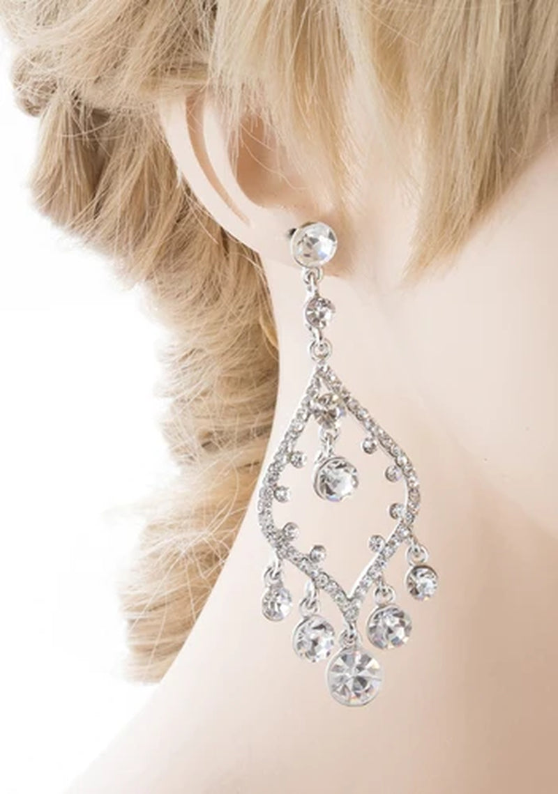 Bridal Wedding Jewelry Crystal Rhinestone Open Chandelier Dangle Earrings Silver - Puck's