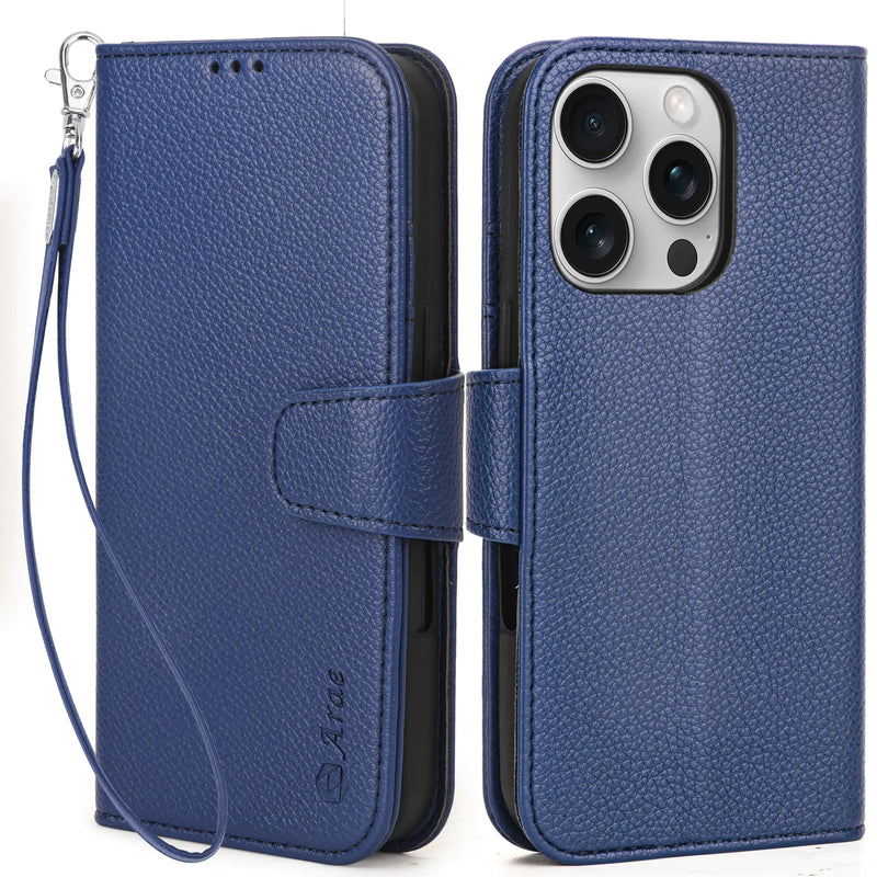 Arae Compatible with iPhone 16 Pro Case Wallet with Card Holder, Wristlet Strap Wallet Flip Cover for iPhone 16 Pro 6.3 inch Men/Women, RFID Blocking, Kickstand, Litchi Cyan - Puck's
