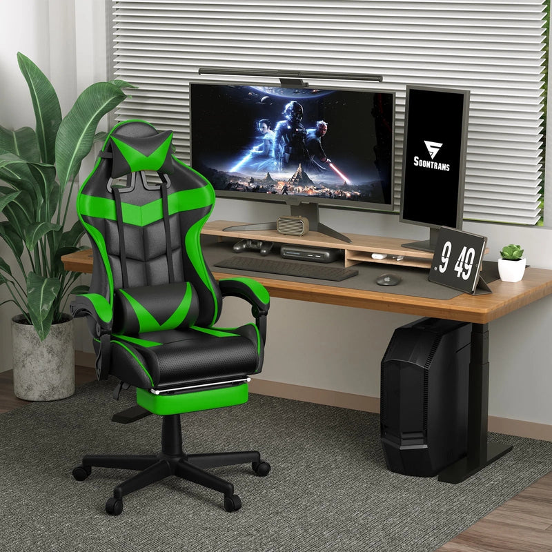Gaming Chair Computer Chair with Footrest, Office Chair with Lumbar Massage Pillow, Racing Ergonomic Game Chair , Swivel Gamers Chair for Adults Kids, Green - Puck's