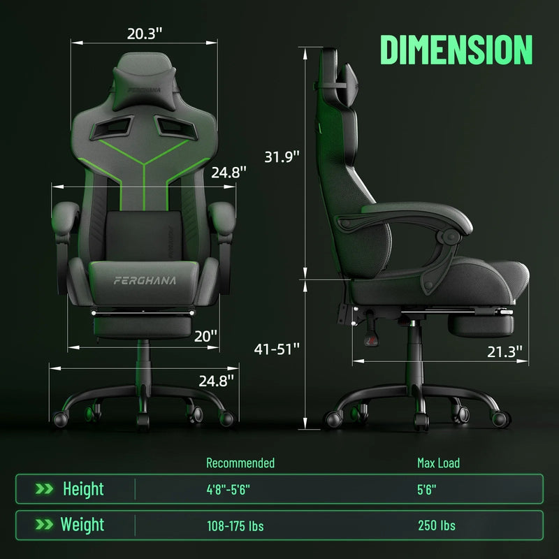 Grey Gaming Chair with Footrest, Ergonomic Computer Chair with Adjustable Height, Leather Office Chair with Massage Lumbar Support, Video Game Gamer Chair for Adults - Puck's