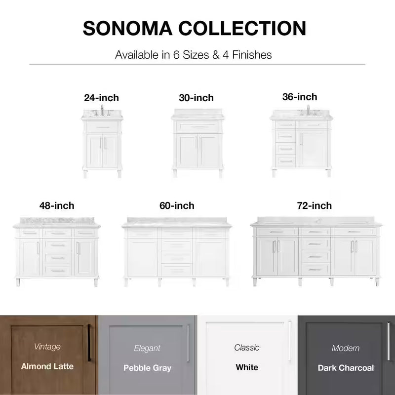 Sonoma 72 In. Double Sink White Bath Vanity with Carrara Marble Top (Assembled) - Puck's