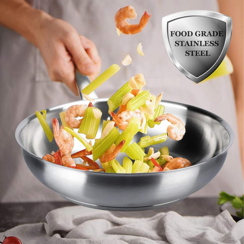 Tri-Ply Stainless Steel Frying Pan with Stay-Cool Handle, Professional 8 Inch Fry Pan with Induction Magnetic Bottom, Healthy Small Skillet, Dishwasher and Oven Safe - Puck's
