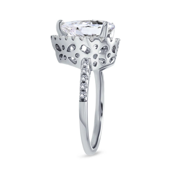 Womens 7CT Pear Shaped Halo Solitaire Engagement Ring, Sterling Silver CZ Pave Band - Puck's