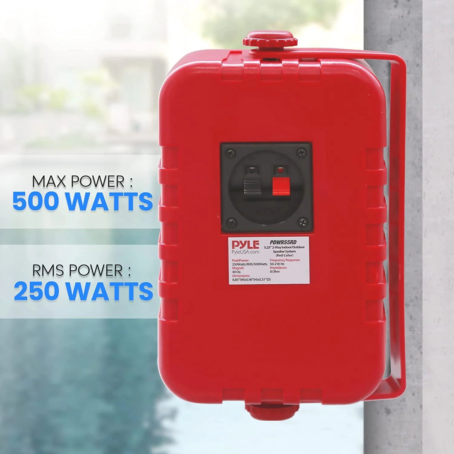 Indoor Outdoor Speakers - 500 Watt Dual Waterproof 5.25" 2-Way Full Range Speaker System, Red - Puck's