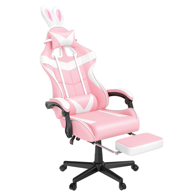 Pink Gaming Chair, Adult Game Gamer with Footrest & Massage Lumbar Pillow for Kid, Ergonomic High Back Office Chairs with Bunny Ear, Pink - Puck's