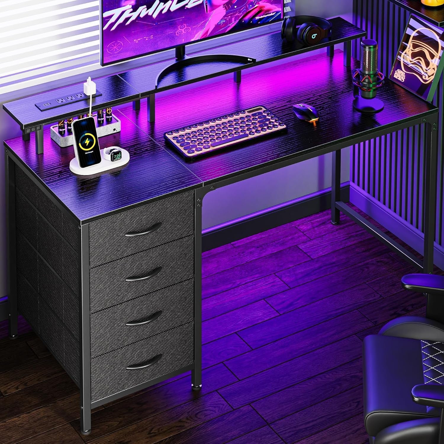 47 Inch Computer Desk with Power Outlets and LED Lights, Gaming Desk - Puck's