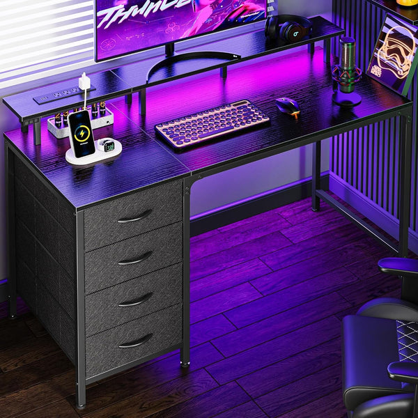 47 Inch Computer Desk with Power Outlets and LED Lights, Gaming Desk - Puck's